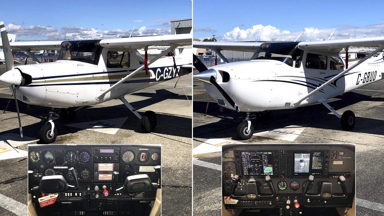 Cessna 152 vs 172: Cessna 152 and Cessna 172 aircraft side by side at Pacific Flying Club, with cockpit views showing analog instruments and a Garmin G1000 glass cockpit.
