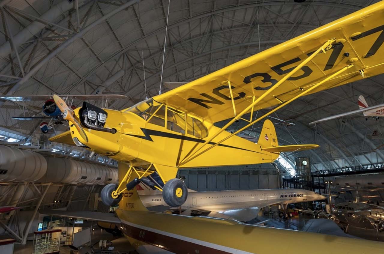 Piper-J-3-Cub: distinctive yellow, high-wing light monoplane with tailwheel; trainer and sport aviation; Continental A-65, 65 hp engine.